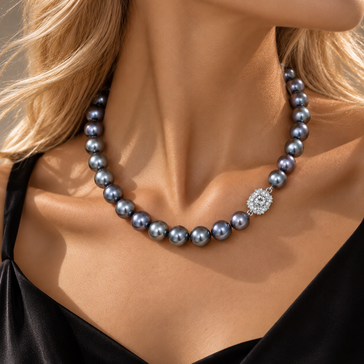 South Sea grey pearl necklace featuring 11–13 mm naturally lustrous pearls with cool steely overtones, finished with an elegant diamond-accented clasp.