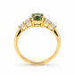 A side profile and inner band view of the 14K yellow gold five-stone ring, highlighting the intricate open gallery, secure prong settings of the 1ct natural teal sapphire, and the cascading natural colorless diamonds on a white background.