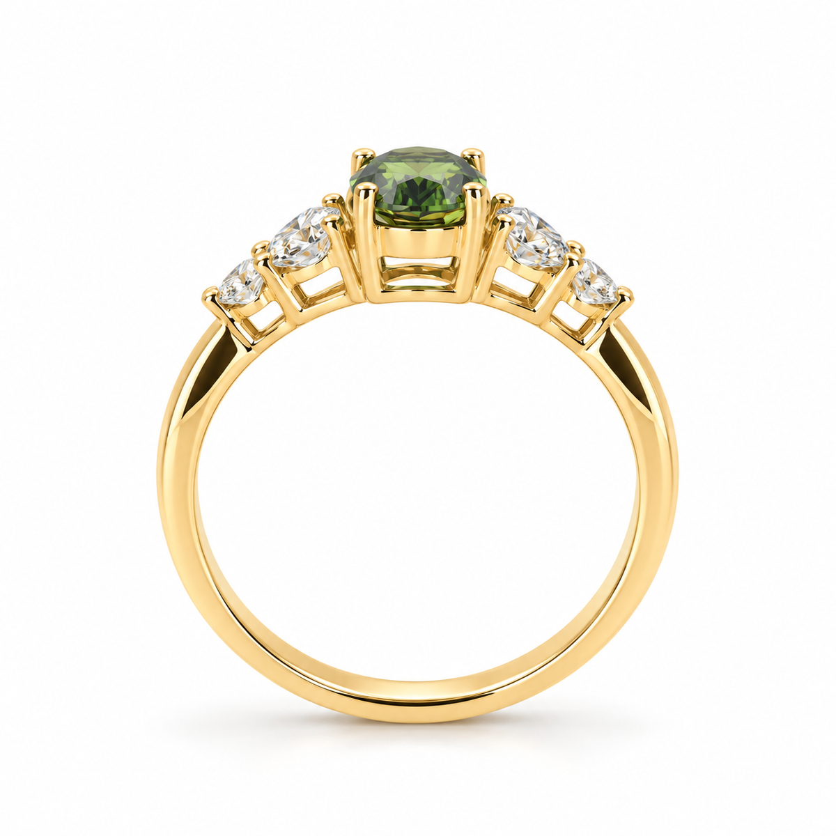 A side profile and inner band view of the 14K yellow gold five-stone ring, highlighting the intricate open gallery, secure prong settings of the 1ct natural teal sapphire, and the cascading natural colorless diamonds on a white background.