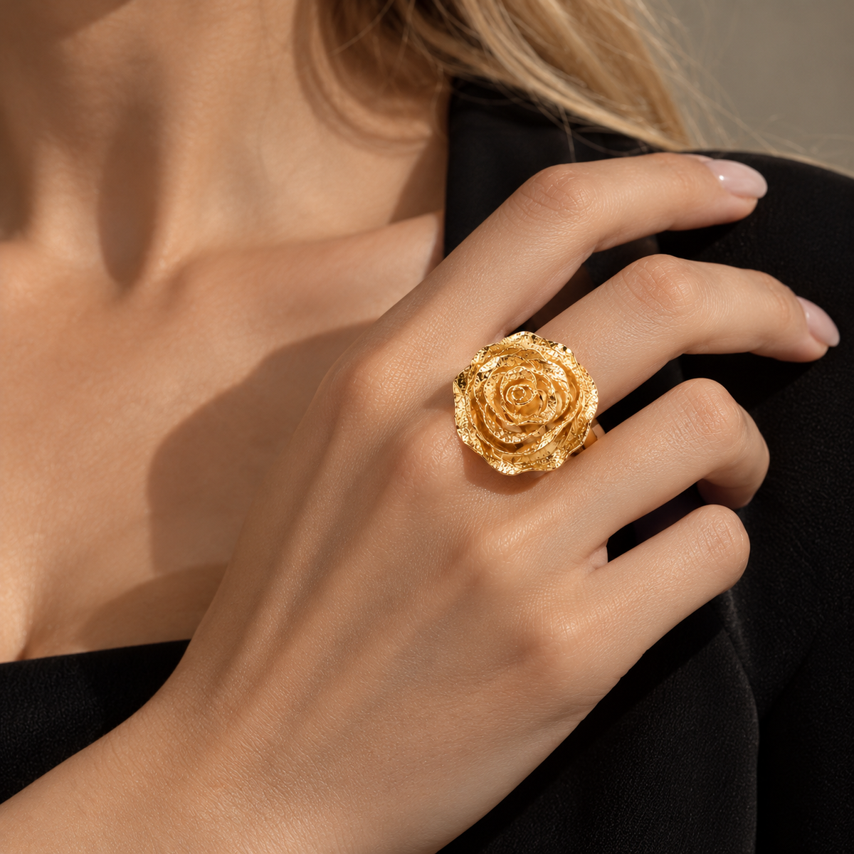 Italian-made 18K gold vermeil adjustable statement ring featuring a sculptural 3D rose in full bloom with richly textured, organic layered petals.