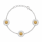 Italian handcrafted 925 sterling silver chain bracelet with three two-tone daisy flower motifs featuring 18K gold plated centers.