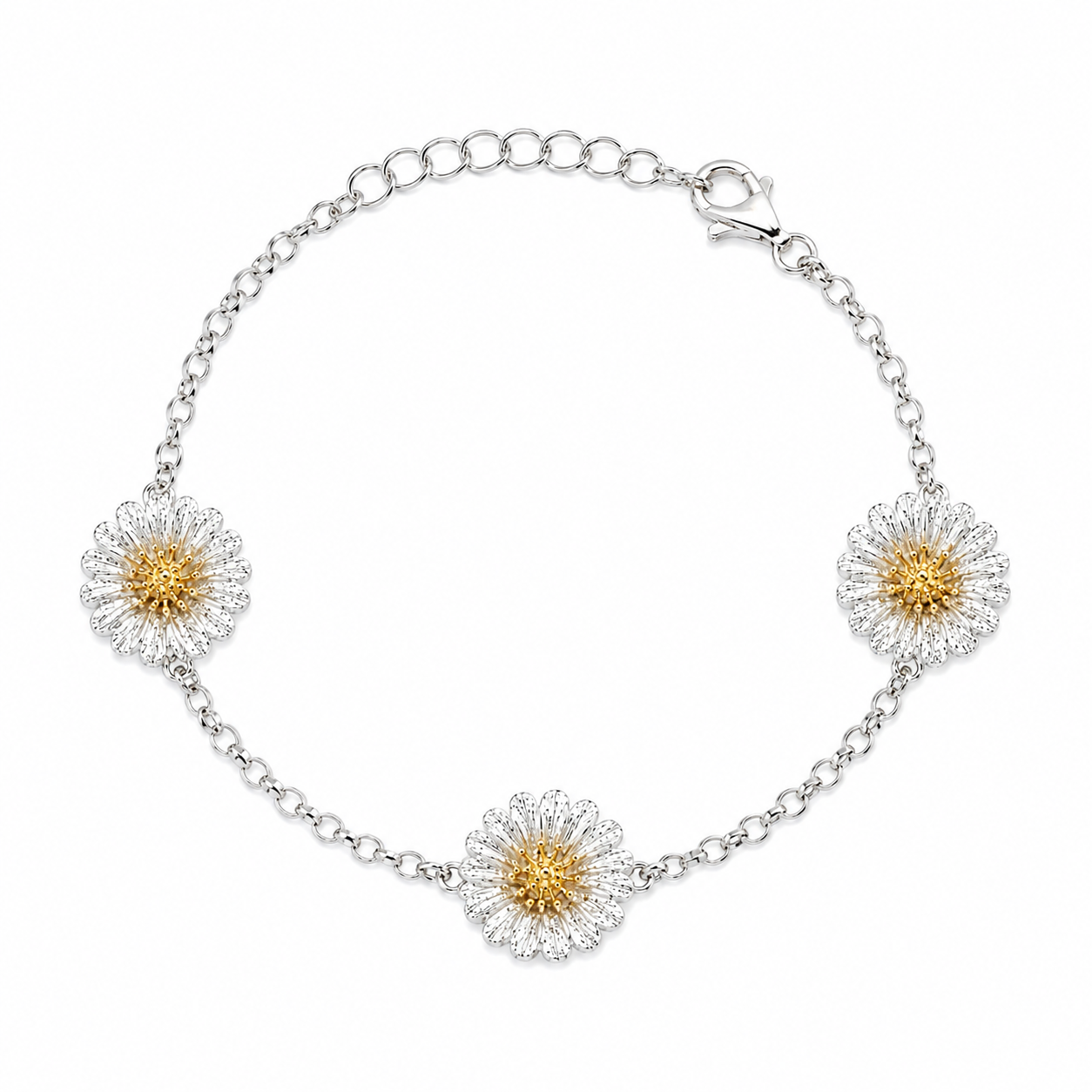 Italian handcrafted 925 sterling silver chain bracelet with three two-tone daisy flower motifs featuring 18K gold plated centers.