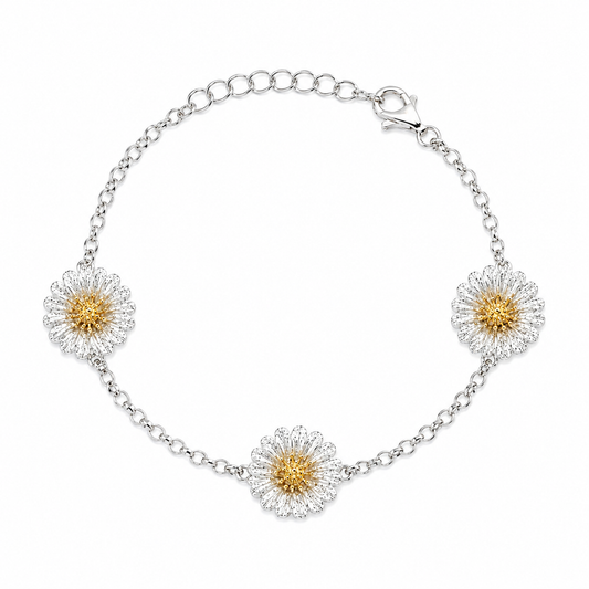 Italian handcrafted 925 sterling silver chain bracelet with three two-tone daisy flower motifs featuring 18K gold plated centers.