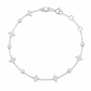 A delicate 18K white gold fine jewelry station bracelet featuring alternating pavé-set diamond four-leaf clovers and round bezel-set diamonds on a fine cable chain, isolated against a solid white background.