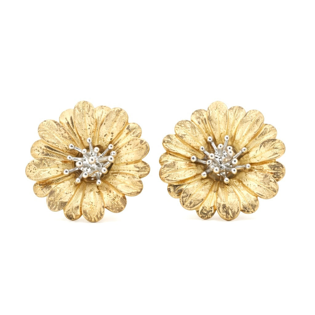 Textured gold daisy stud earrings with two-tone silver center - The First Bloom floral jewelry