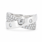 Front view of a platinum natural diamond crossover ring with three round diamond accents and a pavé diamond band.