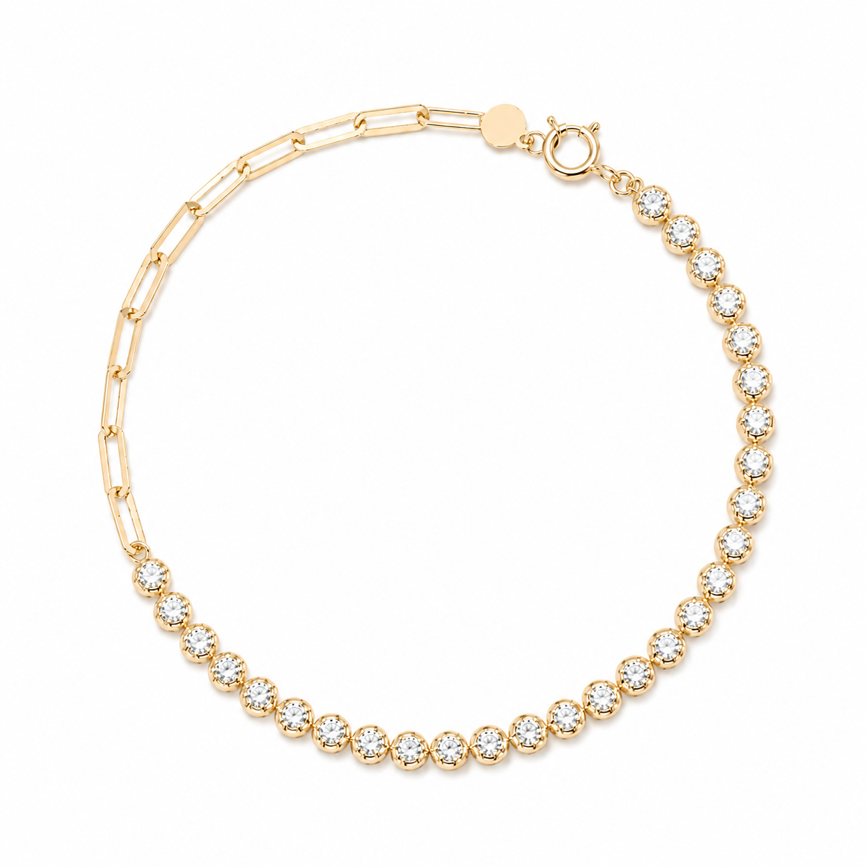 1 carat total weight natural diamond bracelet showcasing half round diamond tennis links and a half paperclip gold chain.