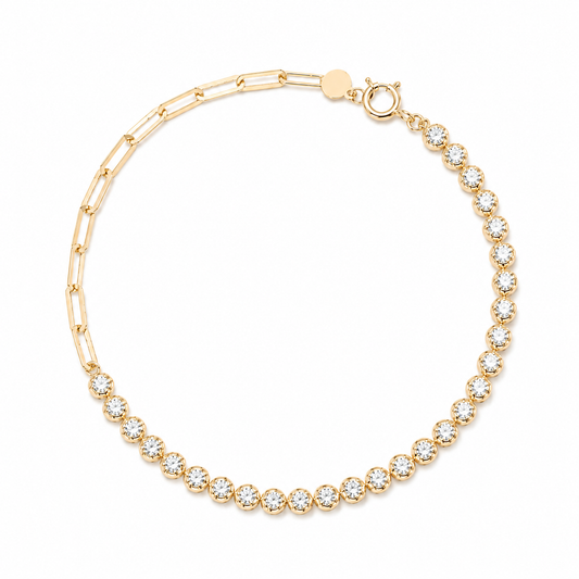 1 carat total weight natural diamond bracelet showcasing half round diamond tennis links and a half paperclip gold chain.