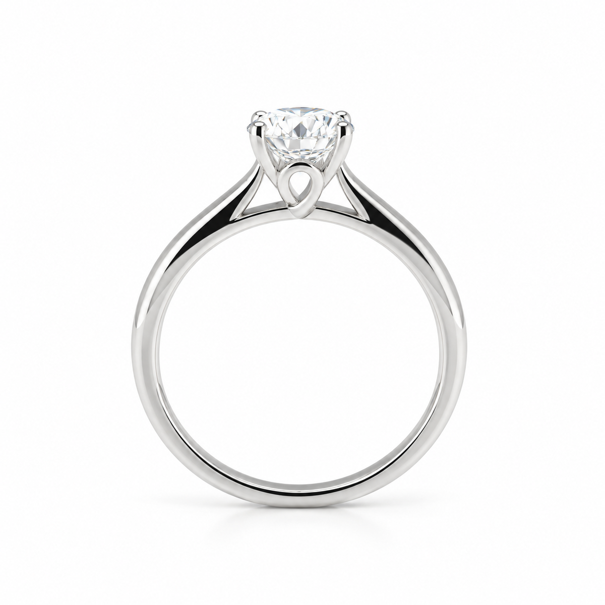 Profile view of a 14K white gold solitaire ring showing the round lab-grown diamond, cathedral shoulders and loop detail beneath the stone.