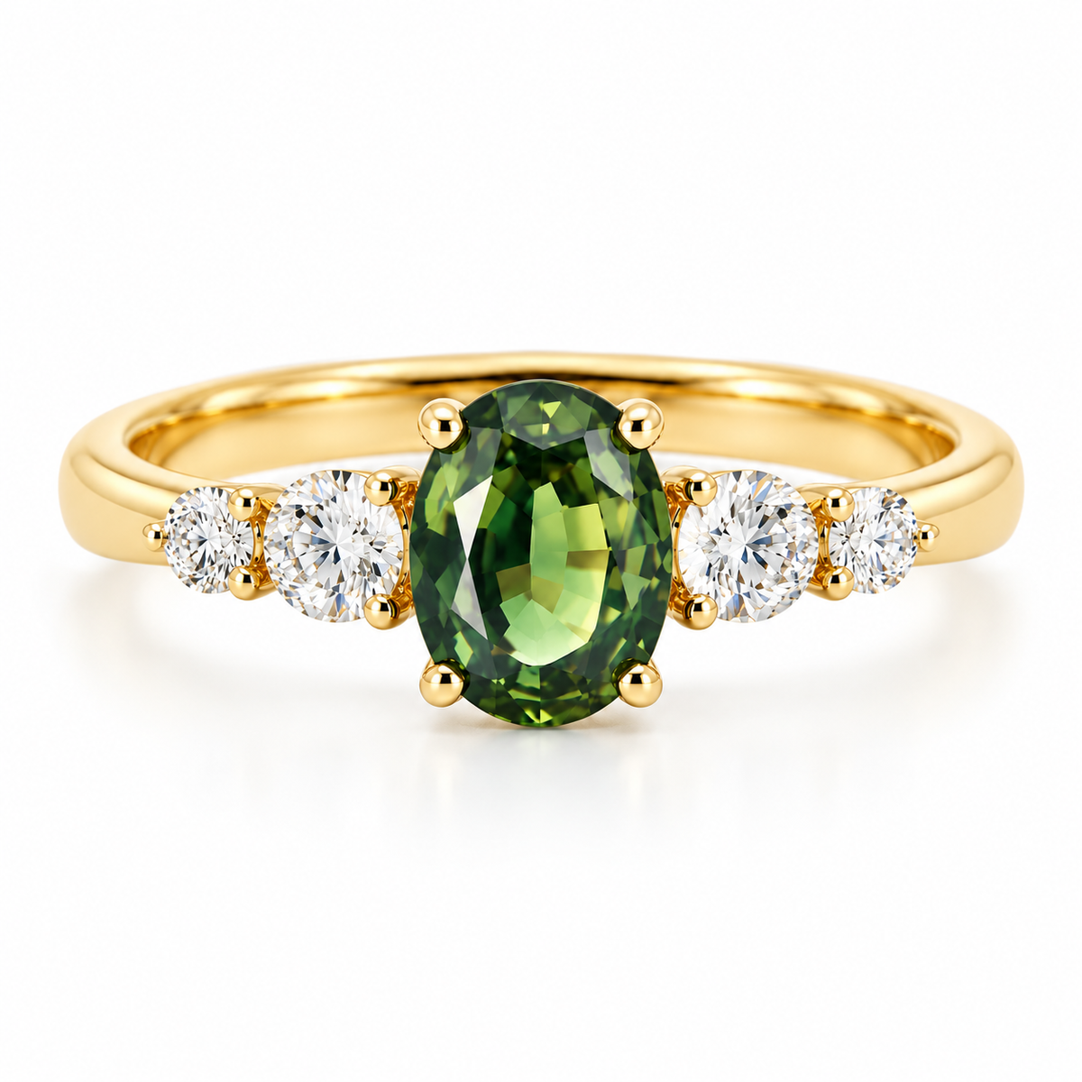A front close-up view of a 14K yellow gold five-stone ring, showcasing a 1-carat oval natural teal sapphire at the center, flanked by four graduated round natural colorless diamonds (3mm and 2mm) in a symmetrical prong setting on a white background.