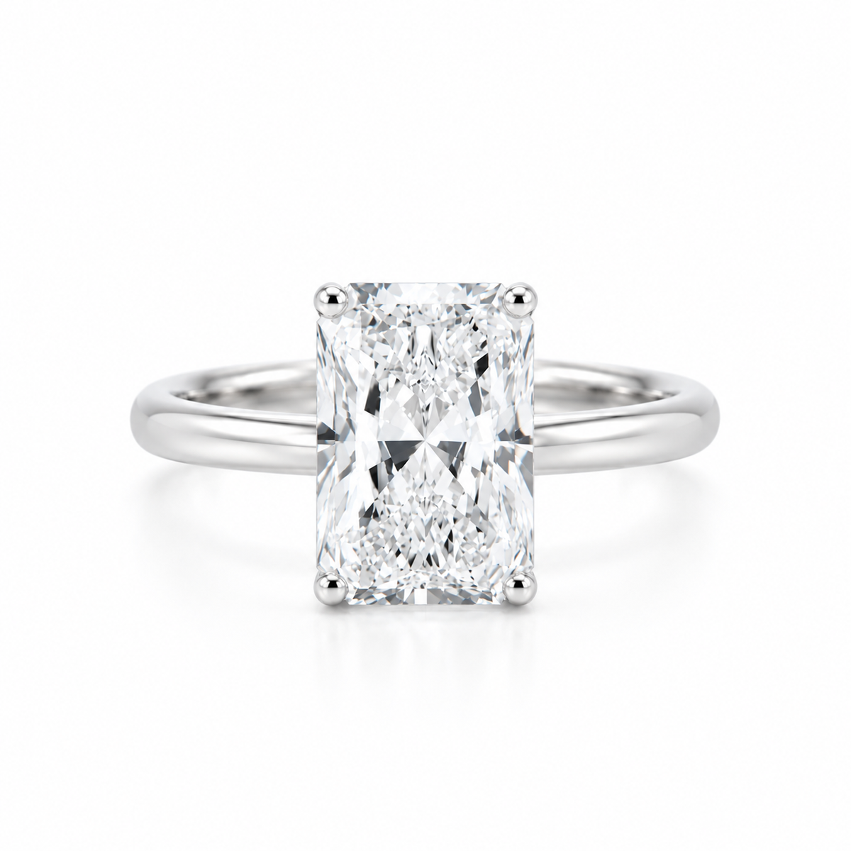 Front view of a PT950 platinum solitaire ring with a 4.15 ct radiant-cut lab-grown diamond in a four-prong setting.