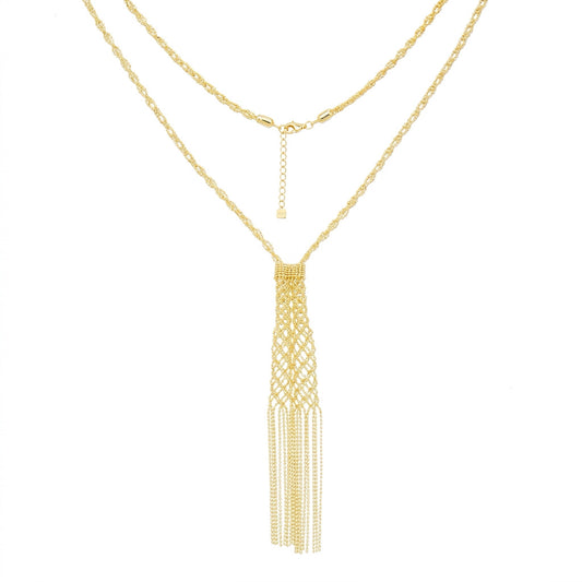 Gold vermeil statement necklace featuring cascading beaded chains designed like Italian lace, matching earrings available