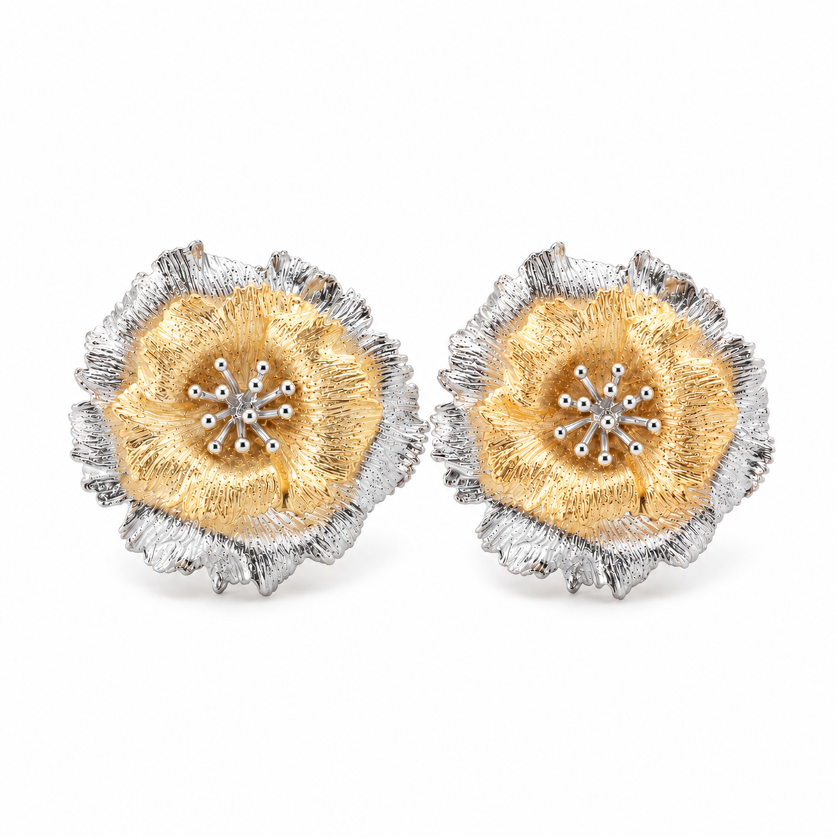 Front view of the 18K Gold Plated Golden Core Poppy Earrings featuring heavily textured, ruffled 925 silver outer petals and a raised 18K gold-plated center core.