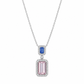 18K white gold pendant necklace featuring an emerald-cut natural blue sapphire and a 3.00 carat natural pink morganite, both surrounded by colorless diamond halos.