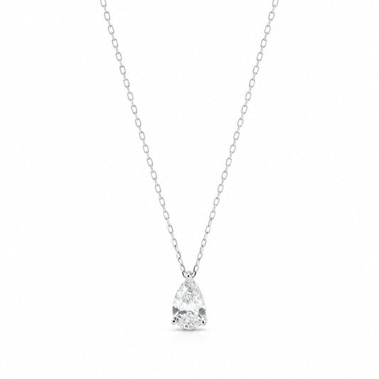 A pear-shaped diamond solitaire pendant on a delicate 18K white gold chain, centered on a white background.