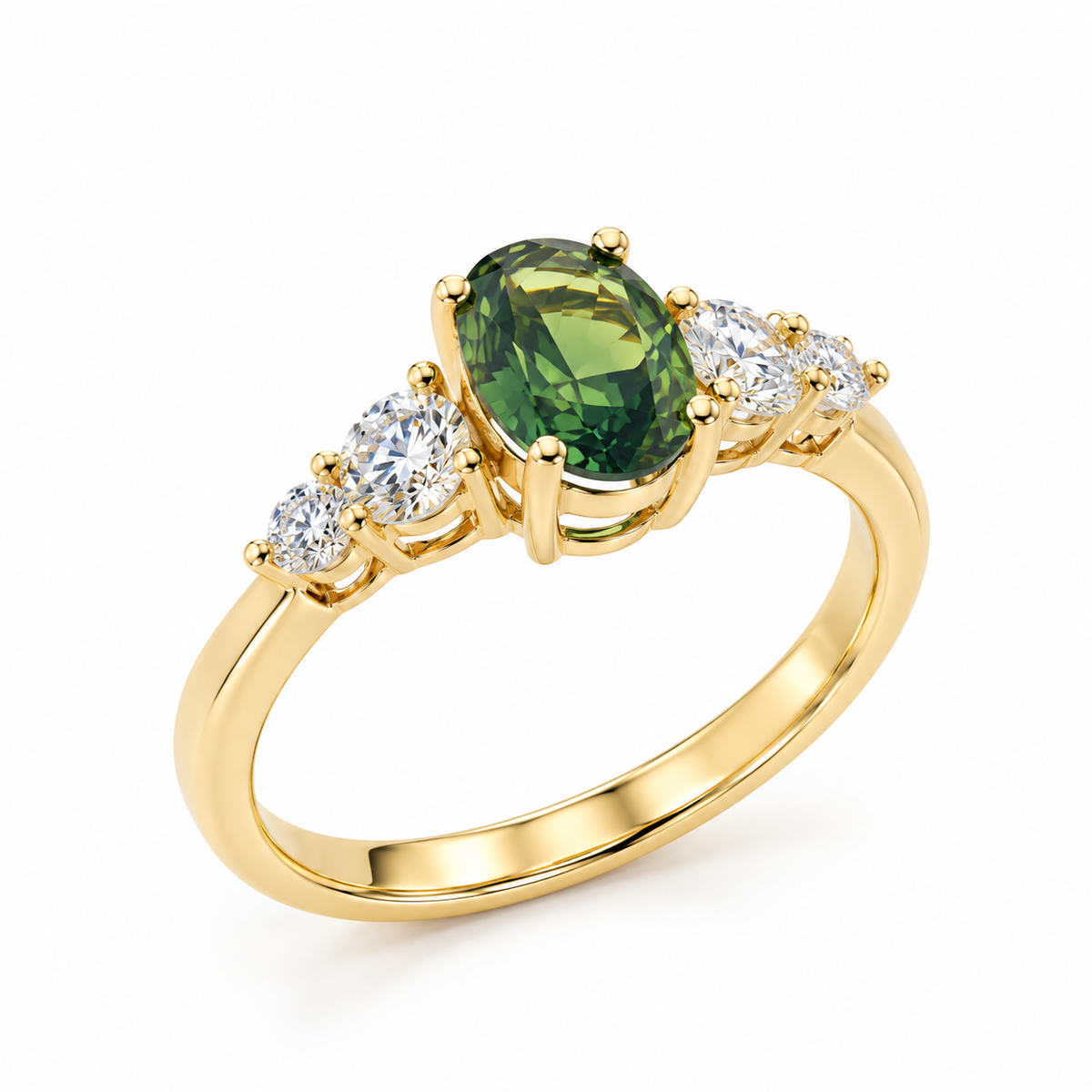 An angled, three-quarter view of the 14K yellow gold five-stone ring on a white background, showcasing the dimensional depth, polish of the band, and brilliance of the natural oval teal sapphire and graduated colorless diamonds.