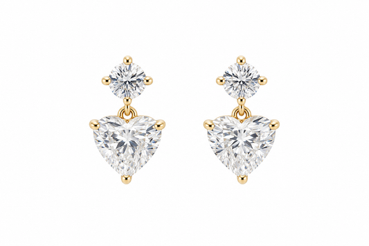 Pair of 18K yellow gold lab-grown diamond drop earrings, each featuring a round diamond stud above a heart-shaped diamond.