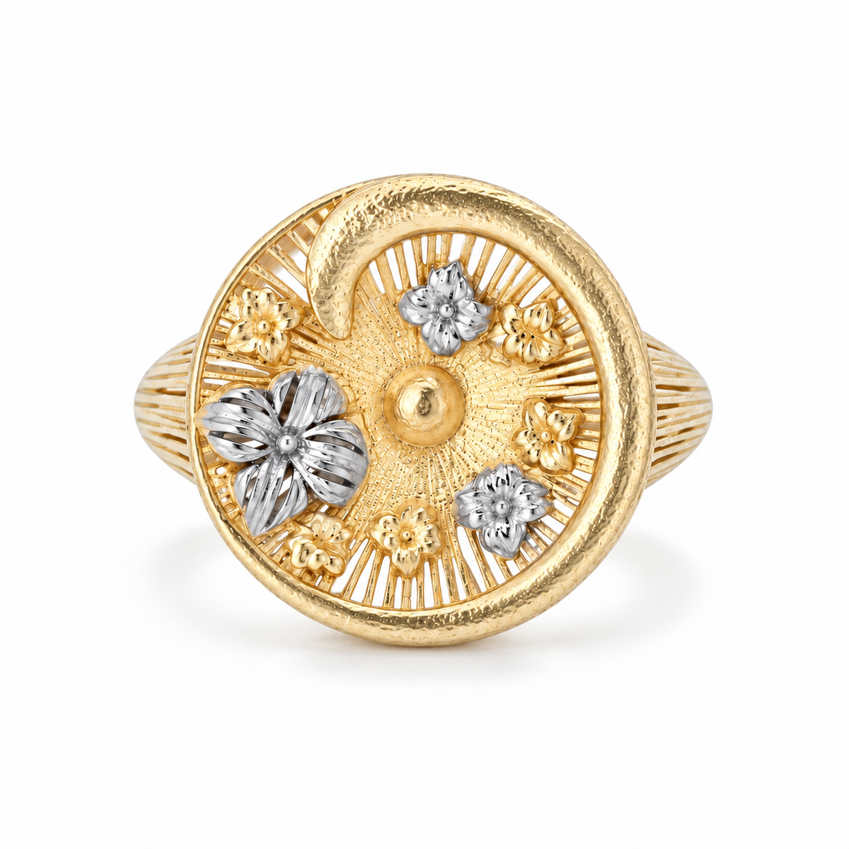 Front view of a gold vermeil circular medallion ring featuring a textured sunburst background adorned with two-tone gold and silver sculpted flowers and a crescent moon.