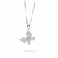 18K white gold butterfly pendant necklace featuring a mosaic of round and baguette-cut diamonds on a delicate box chain, set against a plain white background.