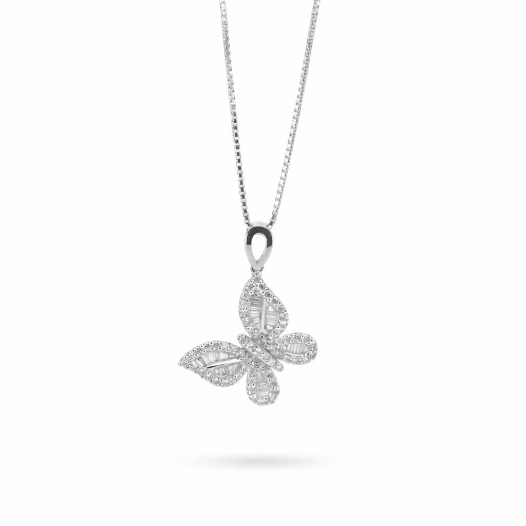 18K white gold butterfly pendant necklace featuring a mosaic of round and baguette-cut diamonds on a delicate box chain, set against a plain white background.