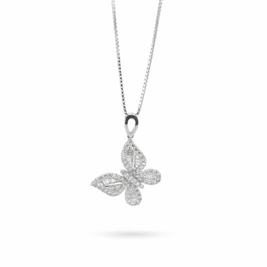 18K white gold butterfly pendant necklace featuring a mosaic of round and baguette-cut diamonds on a delicate box chain, set against a plain white background.