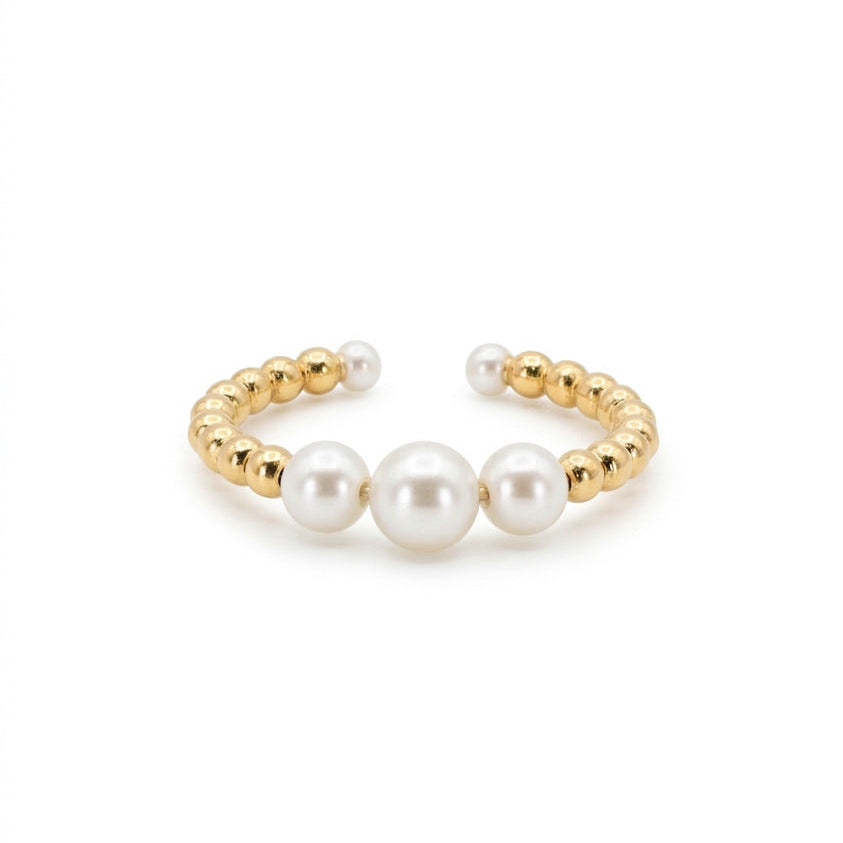 18K yellow gold open cuff ring featuring three Japanese Akoya pearls and diamond-cut gold beads - Joyful Trio