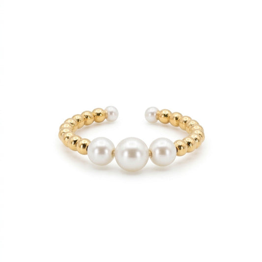 18K yellow gold open cuff ring featuring three Japanese Akoya pearls and diamond-cut gold beads - Joyful Trio