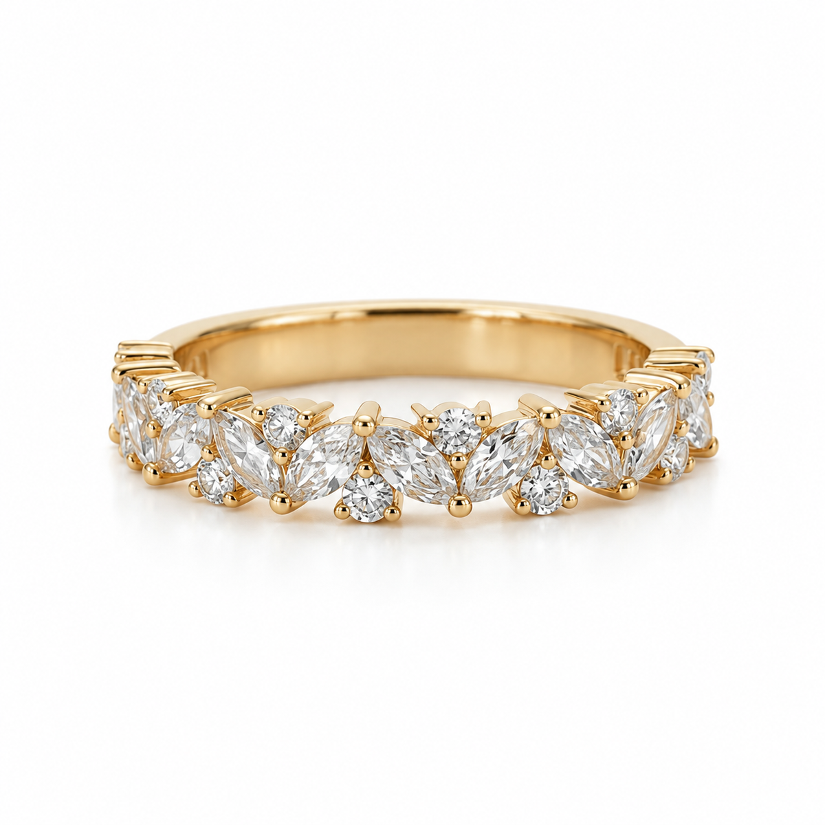 14K yellow gold band with marquise and round lab-grown diamonds in a leaf-inspired pattern on a white background.