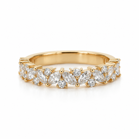 14K yellow gold band with marquise and round lab-grown diamonds in a leaf-inspired pattern on a white background.