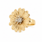 Italian handcrafted statement ring featuring a large 18K gold-plated textured daisy motif with rhodium-plated silver stamen accents on a smooth gold band.