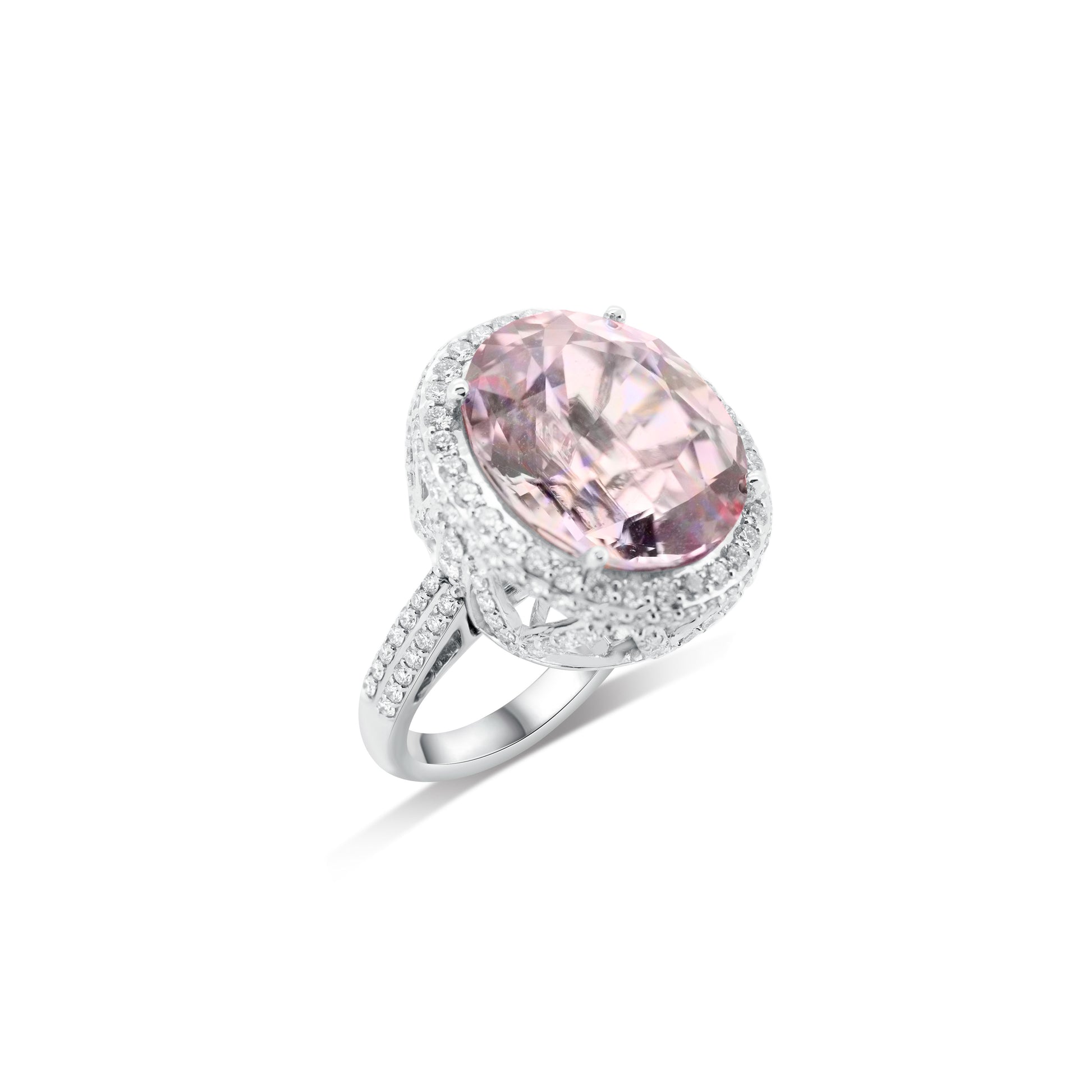 13.4 carat natural pink tourmaline diamond halo ring in 18K white gold