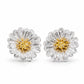 A pair of silver stud earrings shaped like blooming daisies, featuring intricately textured petals and a contrasting gold-colored center, displayed against a white background.
