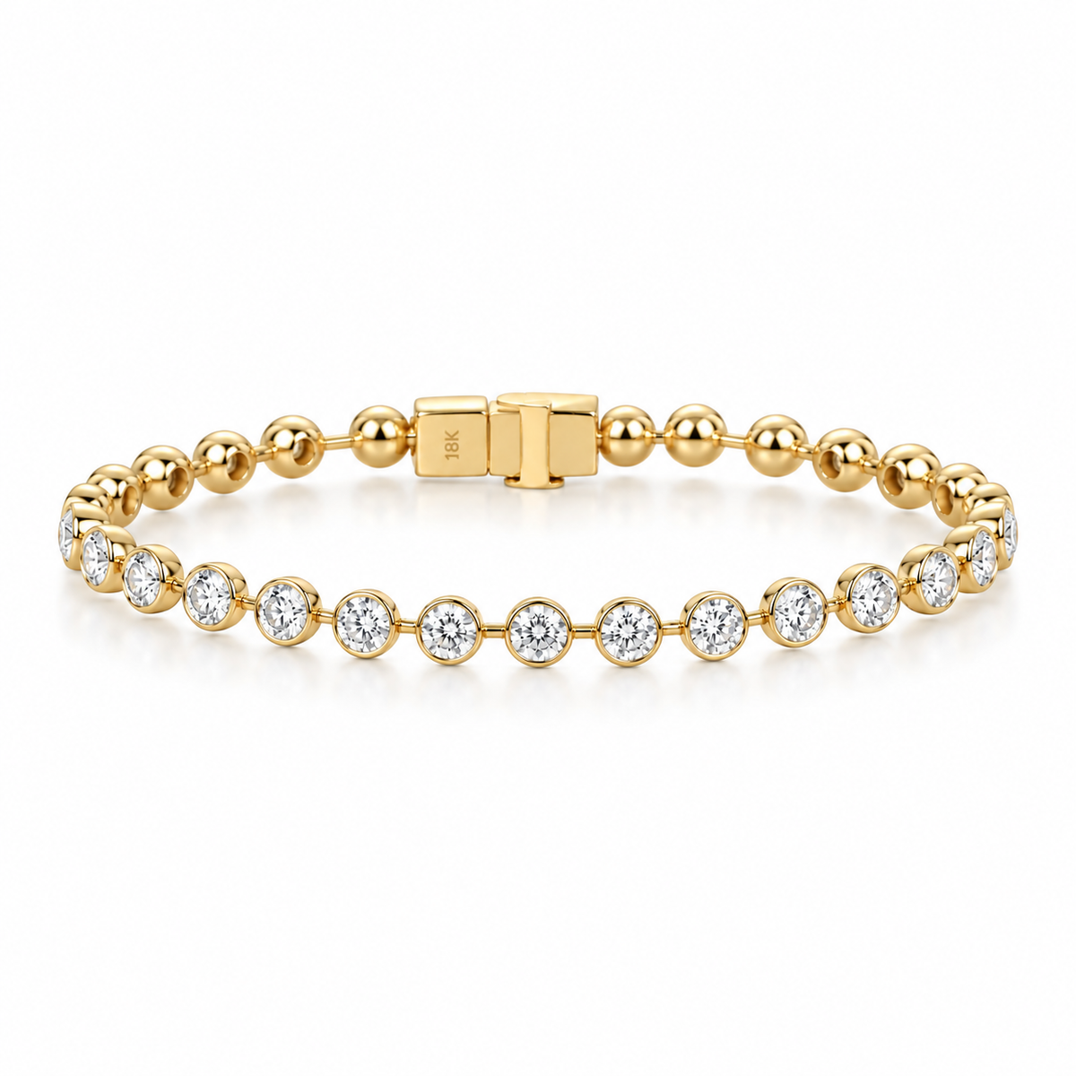 18K gold lab-grown diamond tennis bracelet featuring round brilliant-cut diamonds in sleek bezel settings with a secure box clasp.