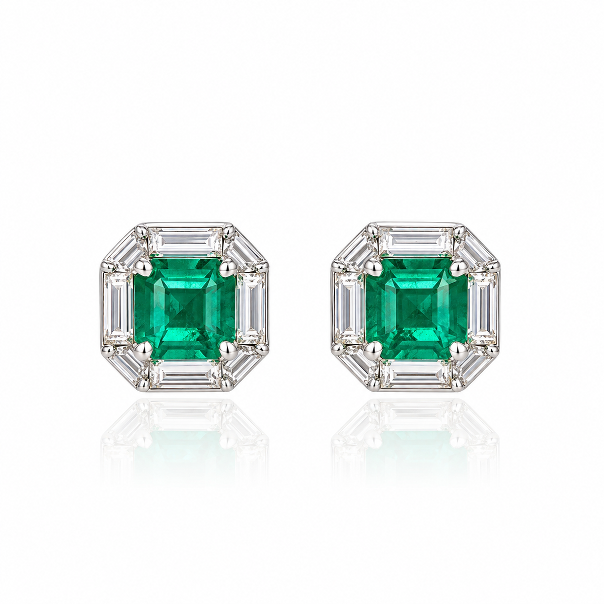 18K white gold stud earrings featuring natural Panjshir emeralds surrounded by geometric lab-grown diamonds in an elegant octagonal halo design.