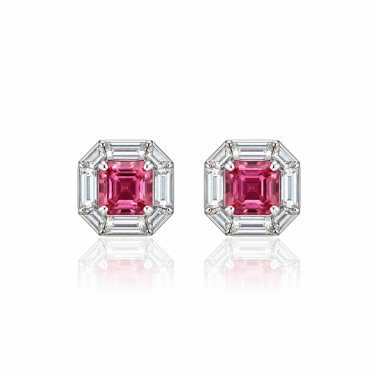 18K white gold stud earrings featuring natural pink tourmaline center stones surrounded by geometric lab-grown baguette-cut diamonds in an elegant octagonal halo design.