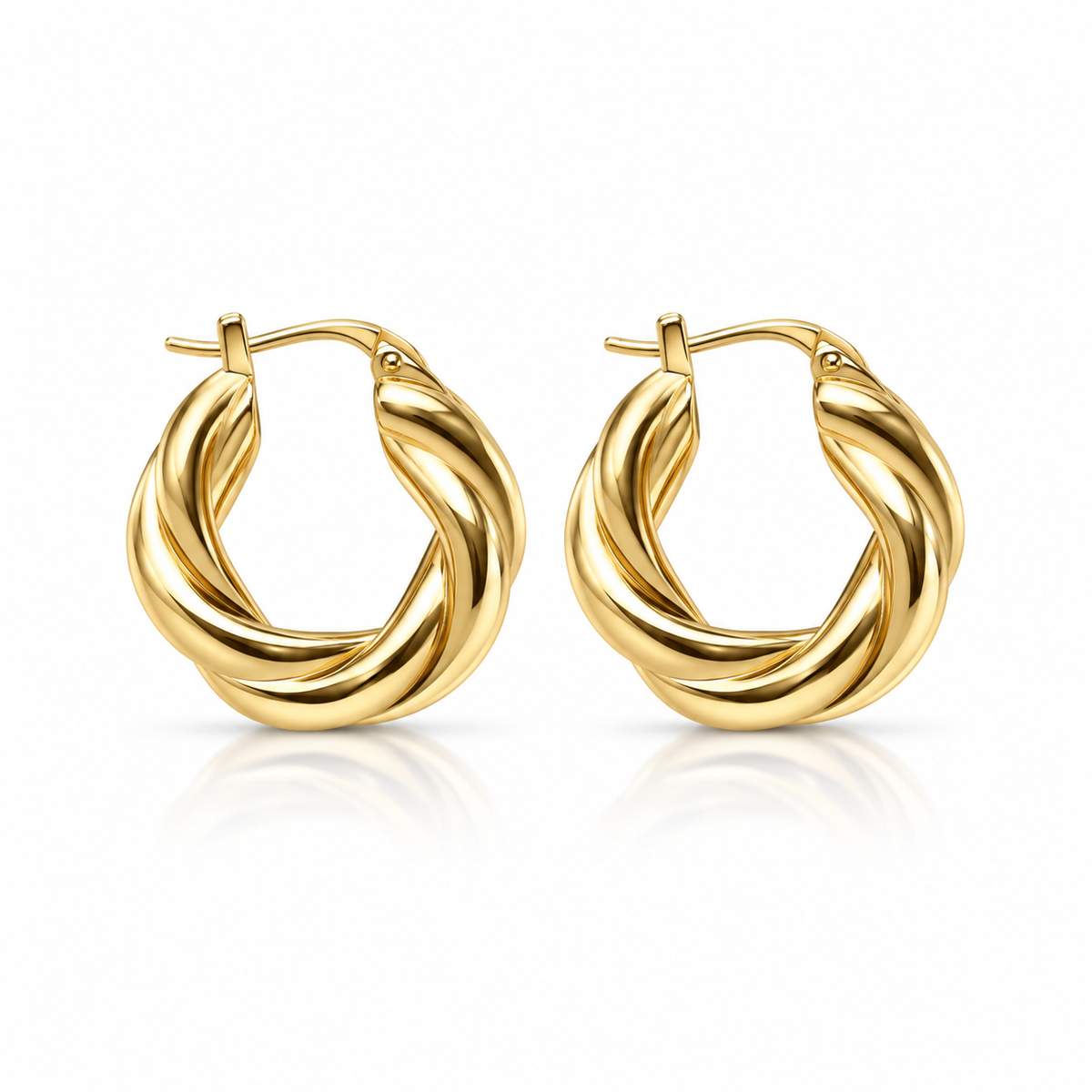 18K yellow gold hoop earrings featuring a bold twisted rope design with a smooth high-polish finish.