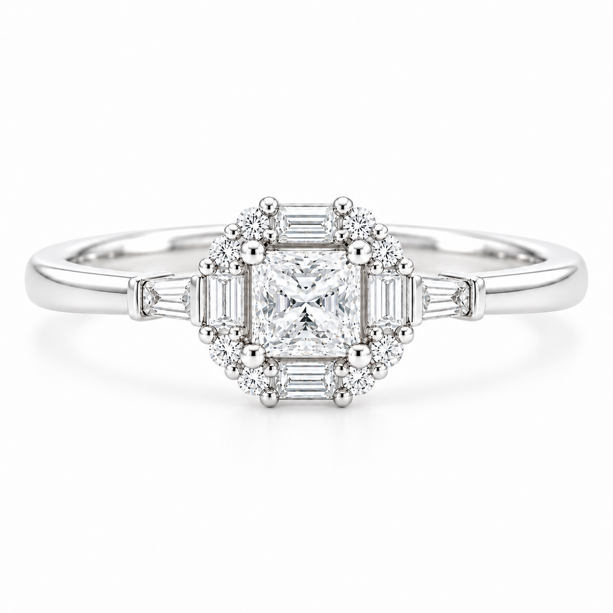 18K white gold halo ring with a 0.30 ct princess-cut natural diamond and baguette and round diamond accents