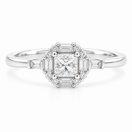 18K white gold halo ring with a 0.30 ct princess-cut natural diamond and baguette and round diamond accents