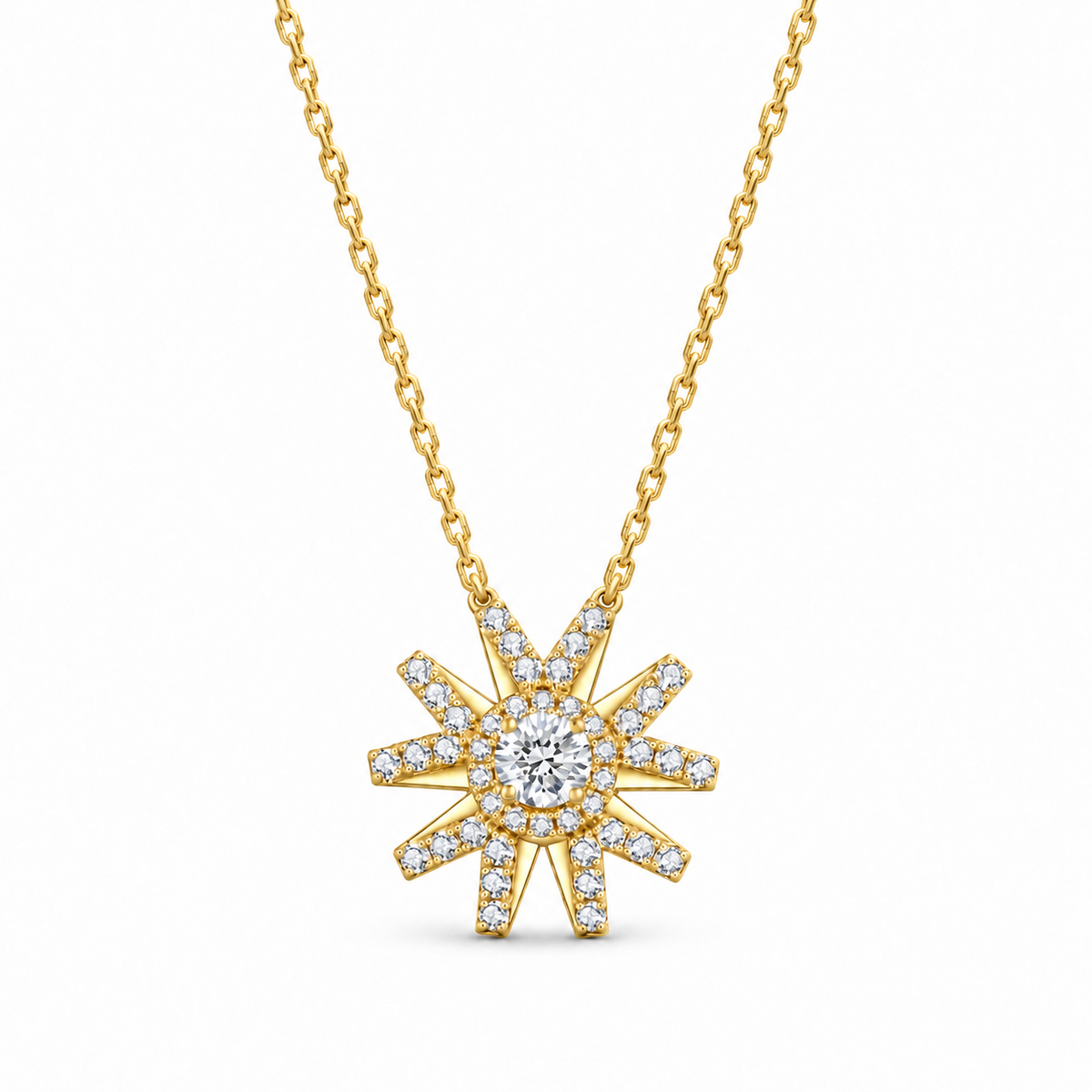 18K yellow gold natural diamond sunburst pendant necklace featuring a brilliant round center diamond surrounded by radiating diamond-set rays in a bold celestial design.