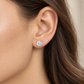 Platinum stud earrings featuring round brilliant lab-grown diamonds in classic four-prong settings, styled on the ear.