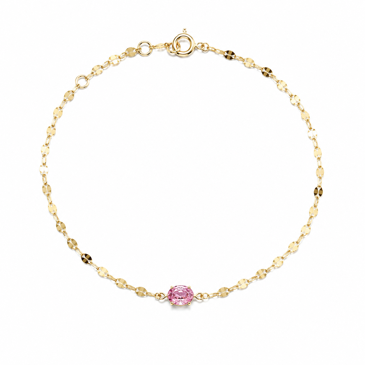 Delicate 18K yellow gold sparkle chain bracelet featuring a horizontally set 0.34 carat natural oval pink sapphire.