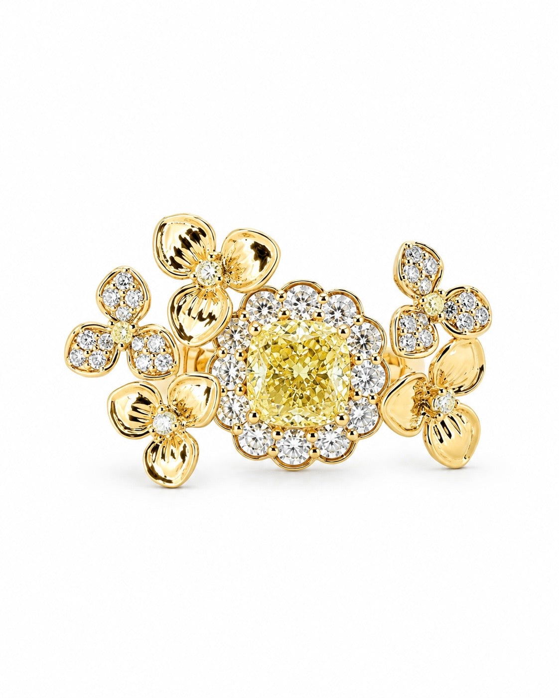 18K Gold Floral Open Wrap Ring with Pavé Diamonds Fantasilvia Jewelry