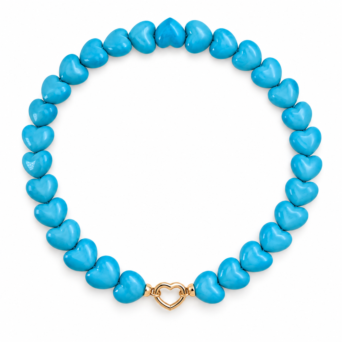 Natural blue Hubei turquoise heart bead necklace with an 18K gold vermeil heart-shaped clasp on a white background.