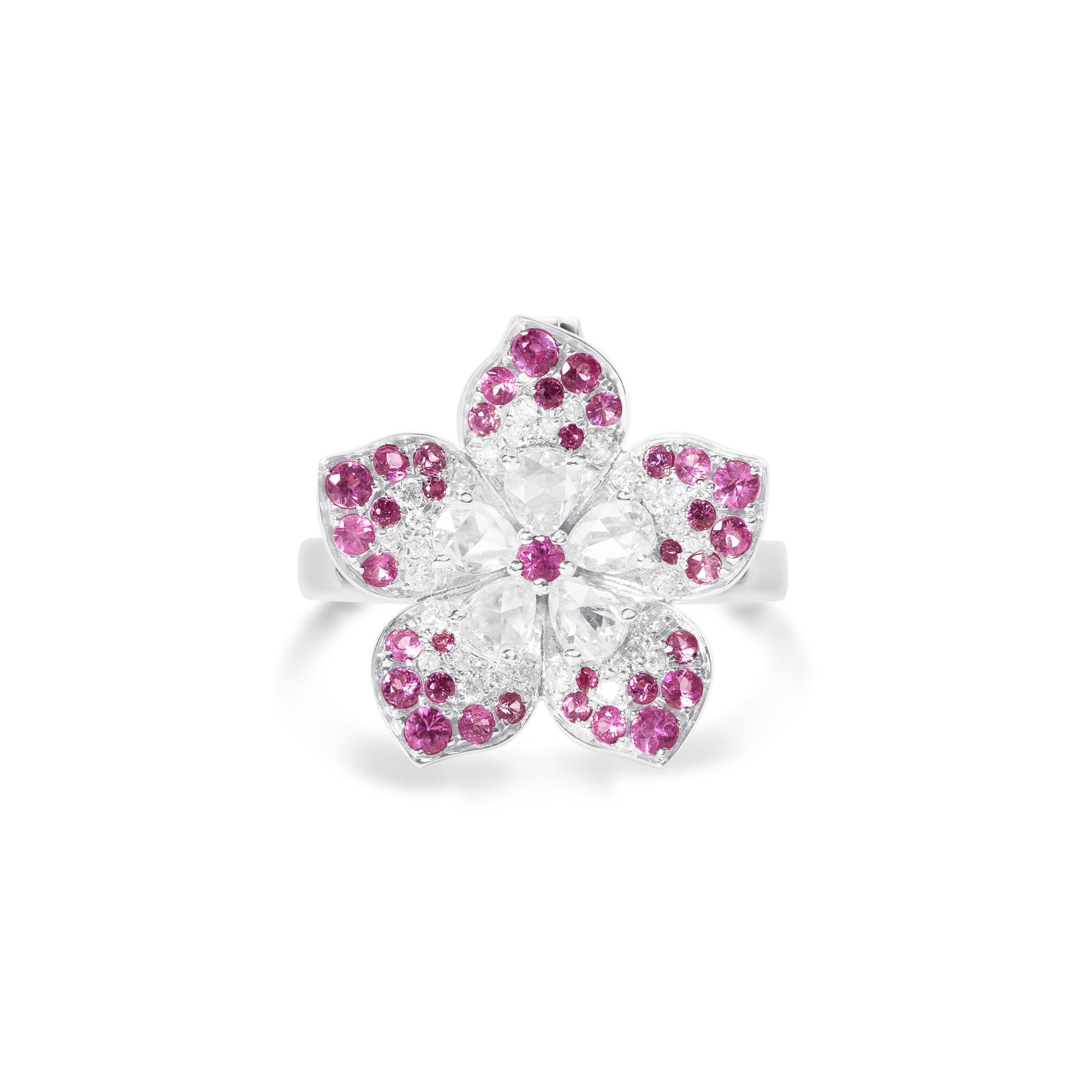 Floral pink sapphire and natural diamond pendant ring crafted in gold by Fantasilvia Fine Jewelry.
