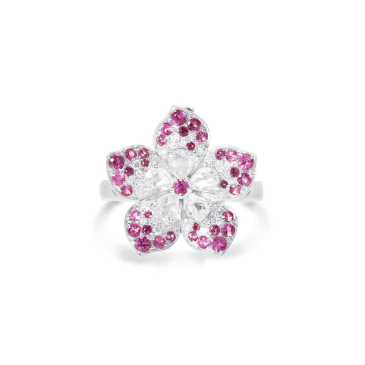 Floral pink sapphire and natural diamond pendant ring crafted in gold by Fantasilvia Fine Jewelry.
