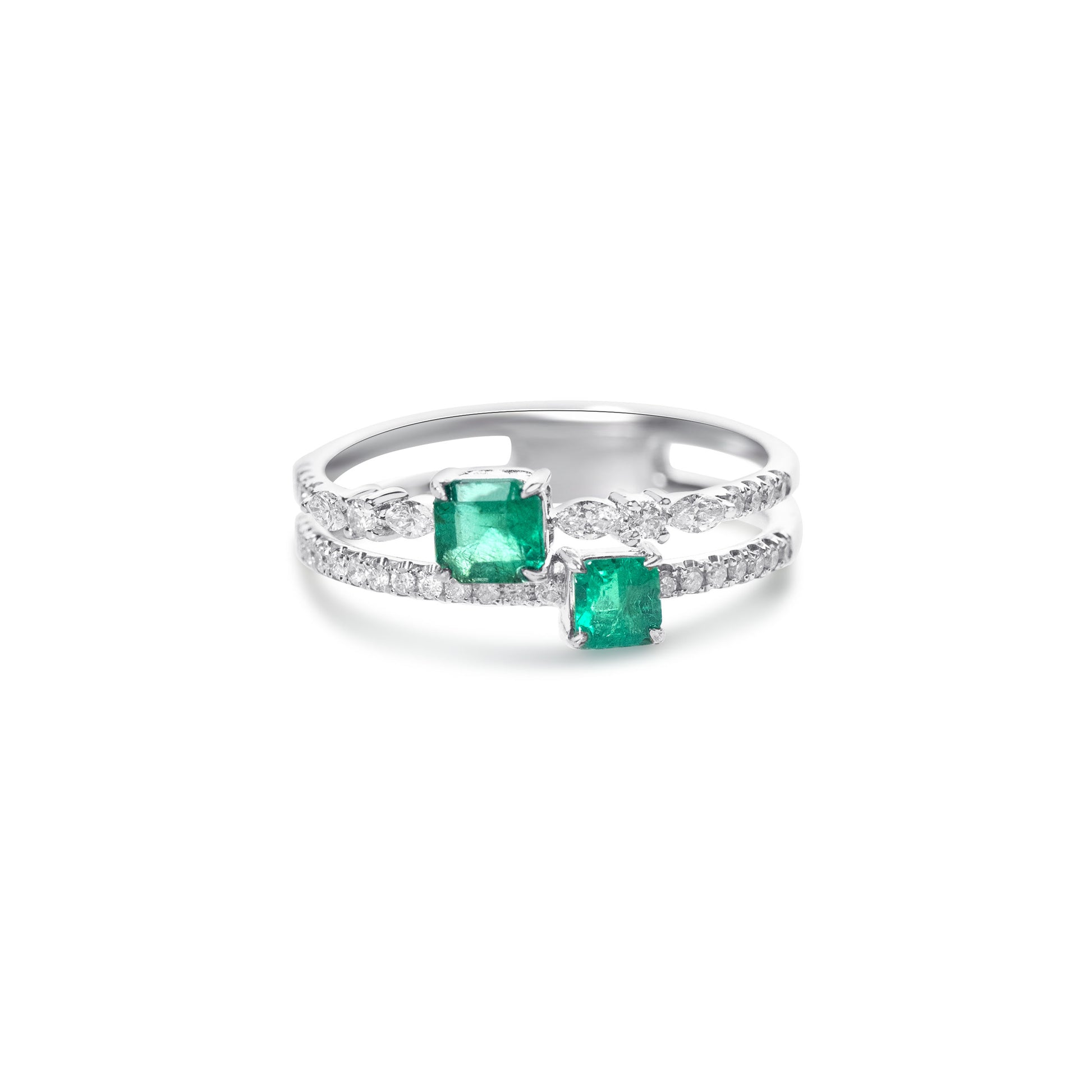 Twin Asscher-cut natural emerald bypass ring crafted in 18K gold by Fantasilvia Fine Jewelry.
