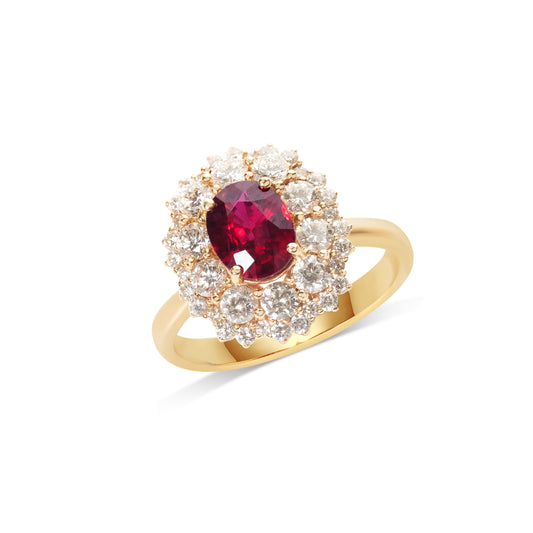 Natural ruby and diamond floral halo ring crafted in 18K gold by Fantasilvia Fine Jewelry.
