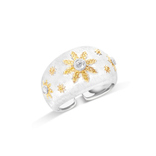 Golden dawn blossom floral ring in fine gold by Fantasilvia Fine Jewelry.
