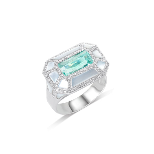 Paraiba tourmaline and diamond band with vivid neon blue gemstone by Fantasilvia Fine Jewelry.
