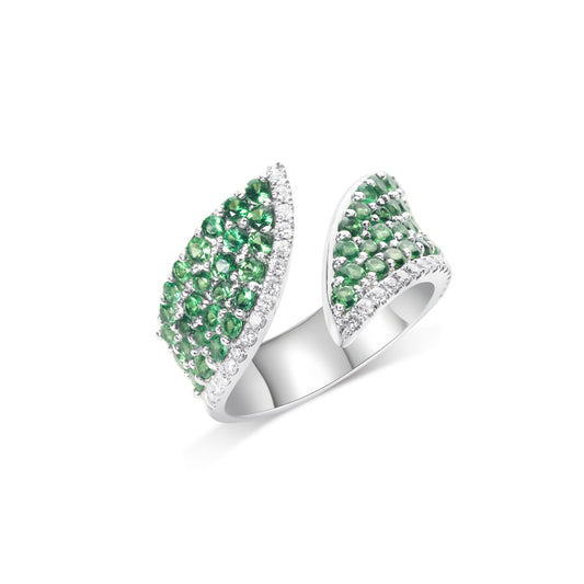 Natural tsavorite wing ring with vivid green garnets by Fantasilvia Fine Jewelry.
